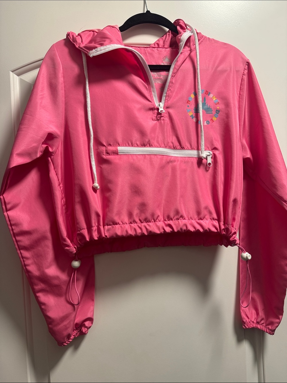 Disney Pink Cropped Hooded Windbreaker with Front Zip Pocket